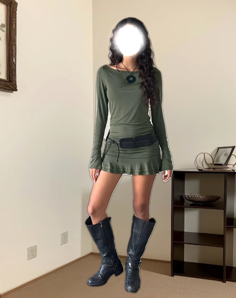 Gillian Long Sleeve Mini Dress in Slinky Khaki