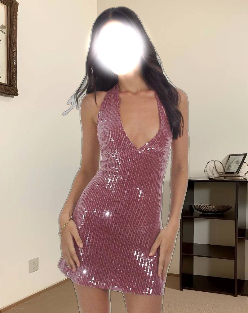Hepasi Halter Mini Dress in Clear Sequin Maroon