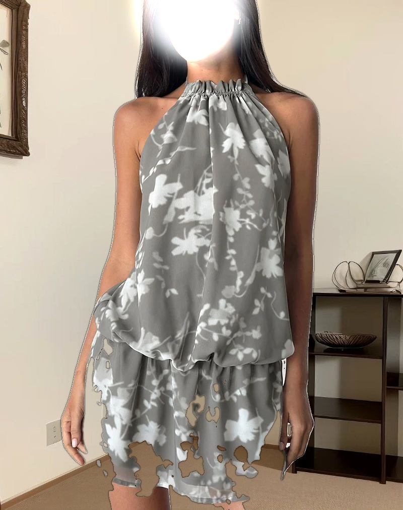 Veloria Mini Dress in Blurred Floral Grey