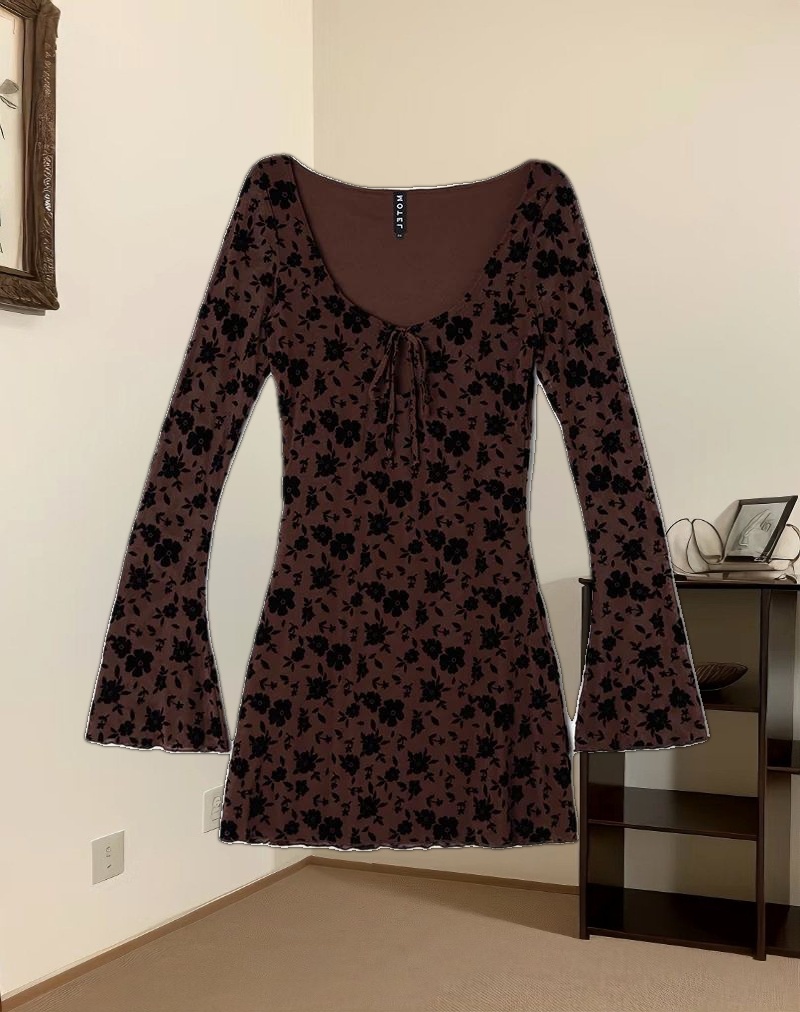 Gizio Long Sleeve Mini Dress in Garden Floral Brown