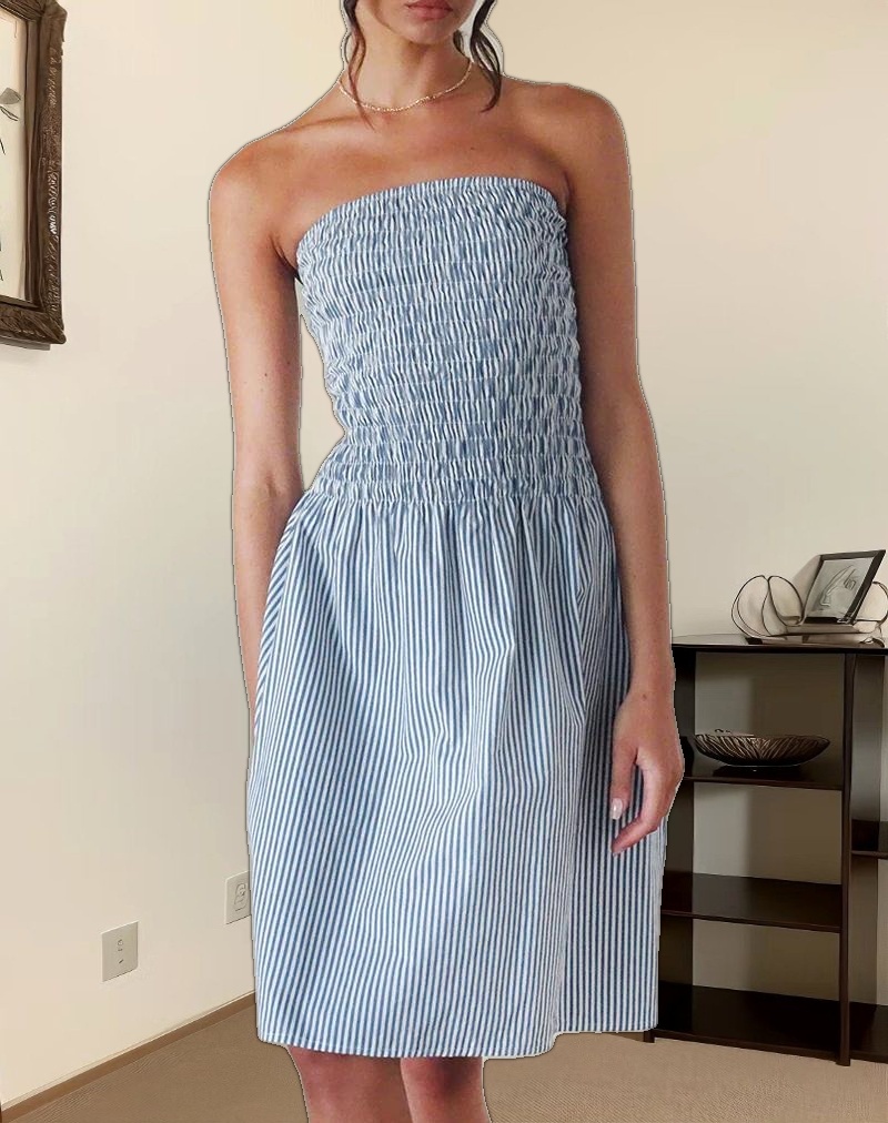 Belesi Midi Dress in Blue Small Vertical Stripe