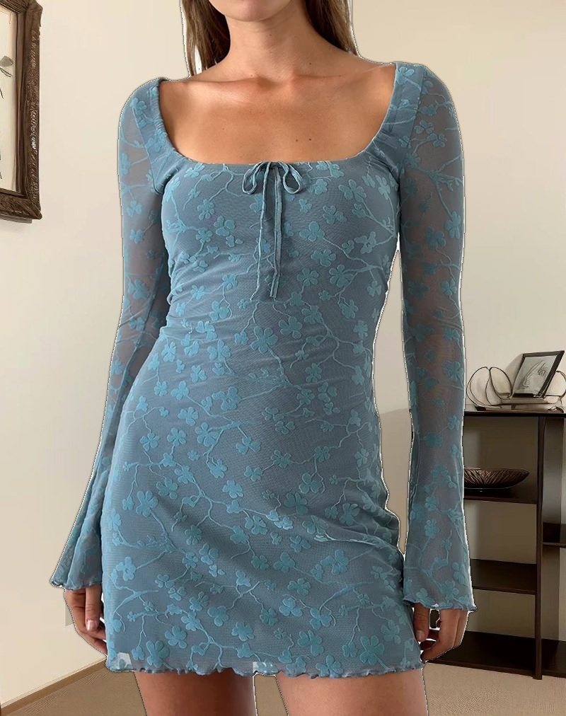 Tatyana Mini Dress in Grunge Floral Blue Grey