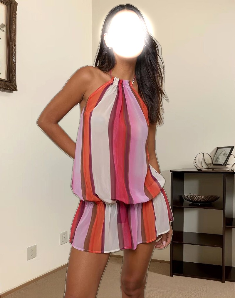 Veloria Halterneck Mini Dress in Pink Sheer Chiffon Painted Stripe