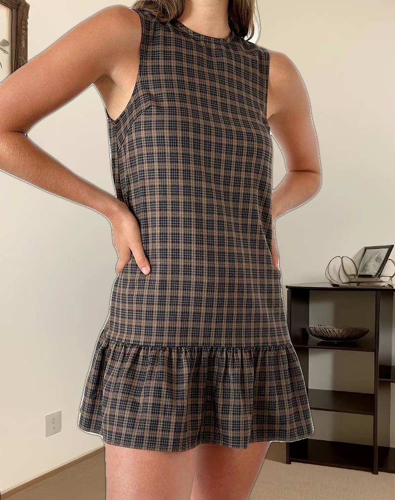 Samana Babydoll Mini Dress in Check Dark Brown
