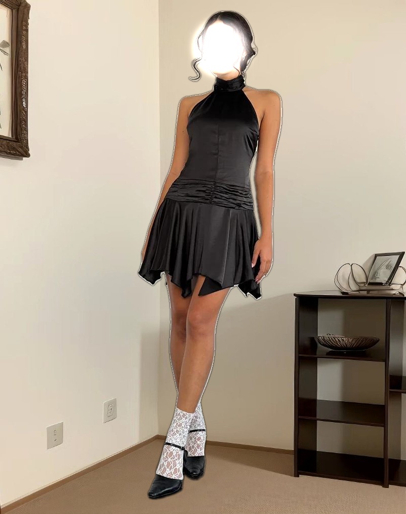 Hydri Satin Halterneck Mini Dress in Black