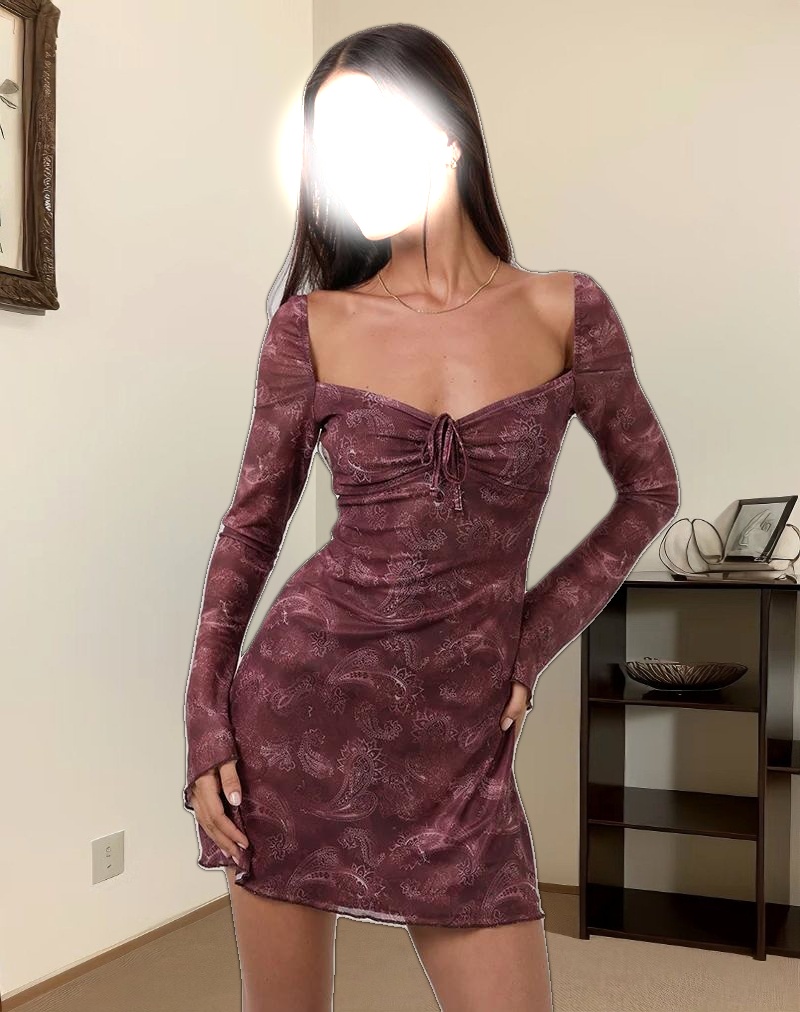 Modena Long Sleeve Mini Dress in Tonal Paisley Plum