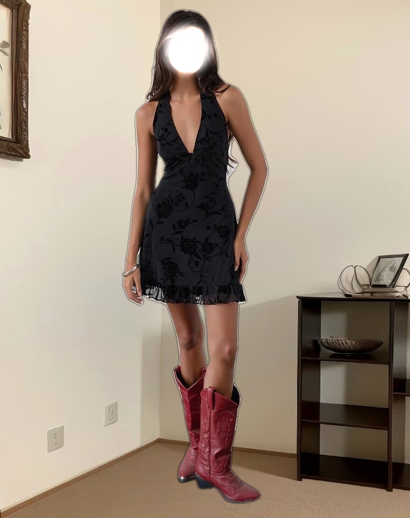 Motya Halterneck Mini Dress in Floral Rose Flocked Black