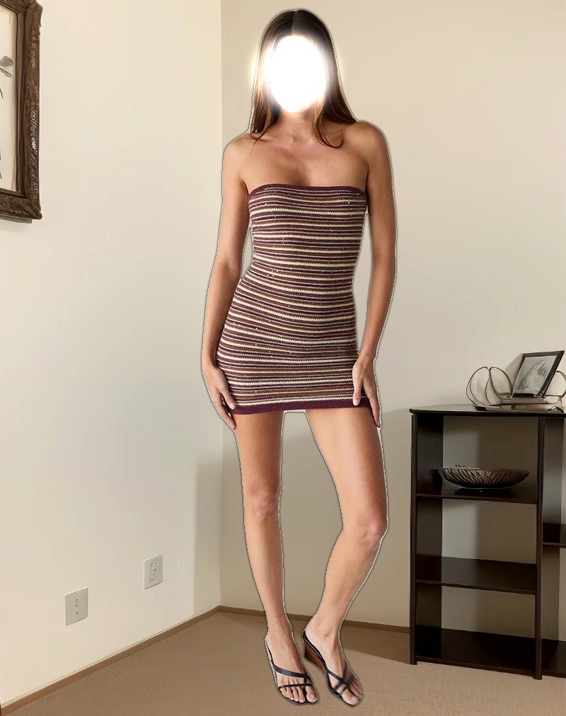 Rosbina Bandeau Mini Dress in Shimmer Stripe Knit Rust