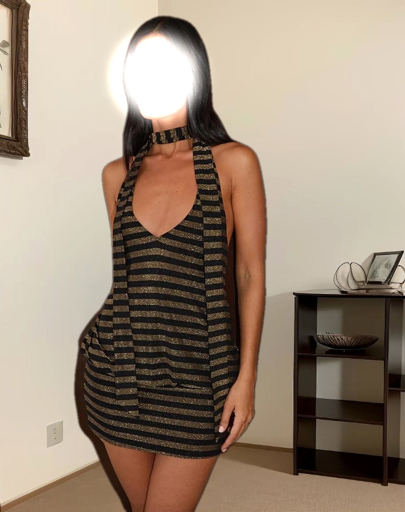 Daphnis Backless Halterneck Mini Dress in Lurex Gold Stripe