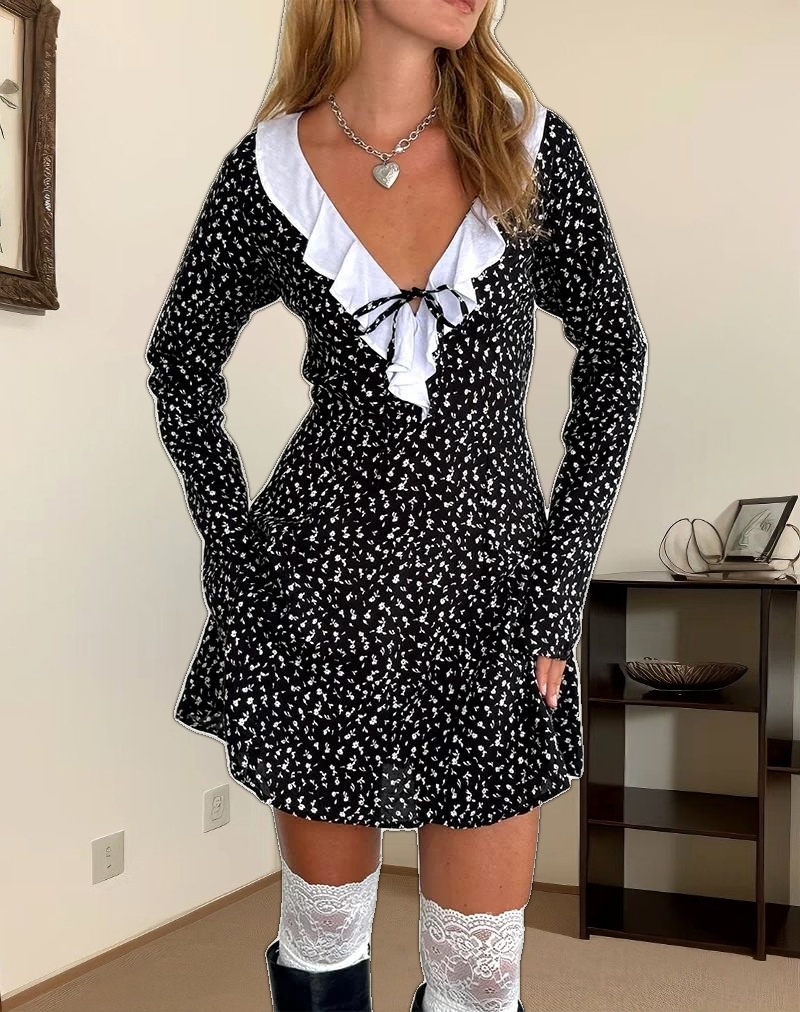 Darira Long Sleeve Mini Dress in Ditsy Romance Black