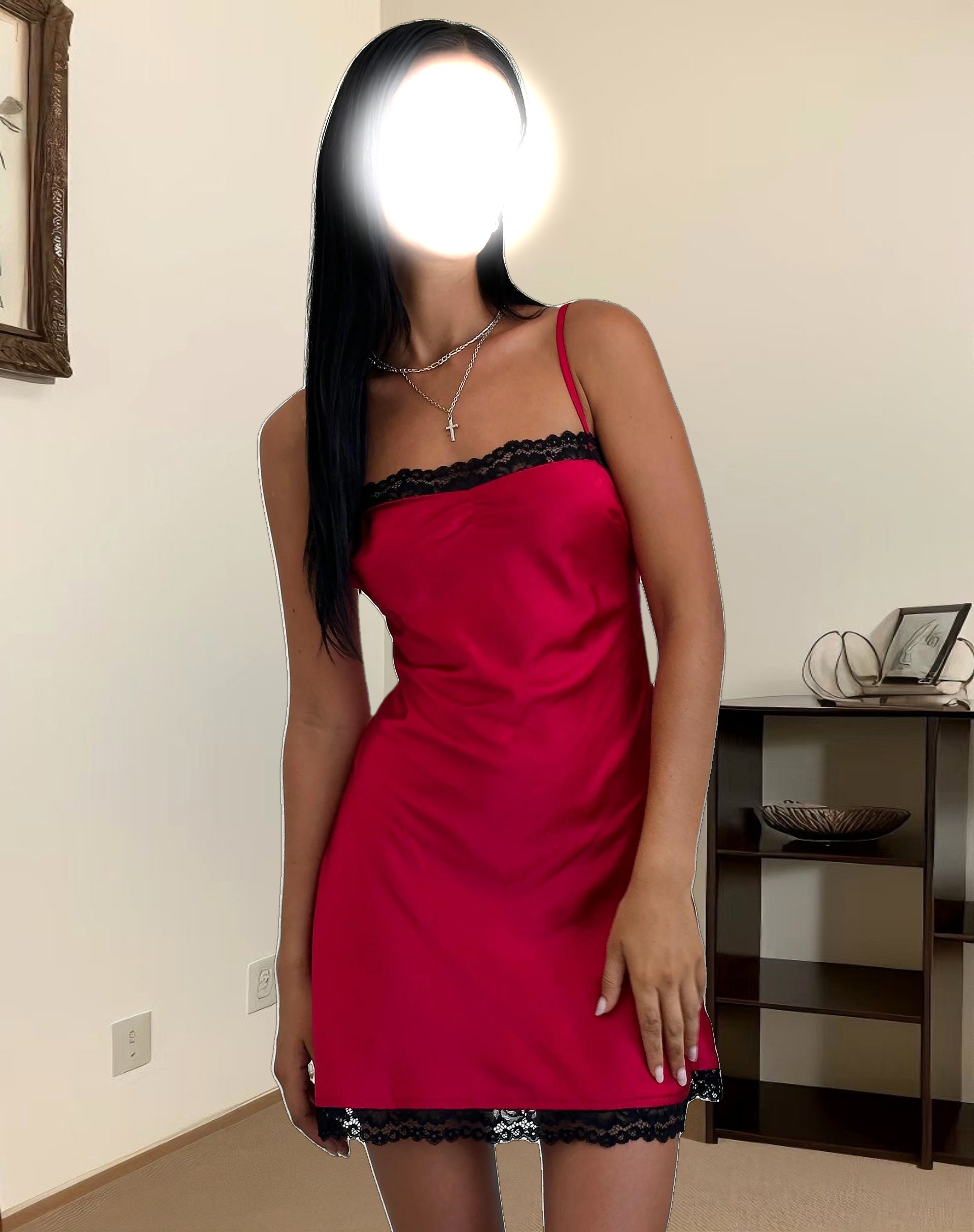 Larna Satin Mini Dress in Red with Black Lace Trimming