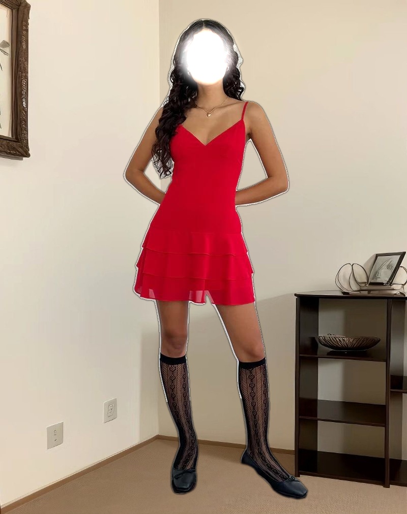 Riasi Ruffle Mini Dress in Chiffon Red