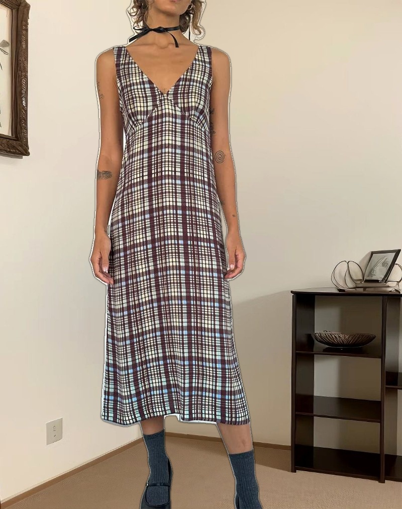 Liva Midi Dress in Multi Check Brown