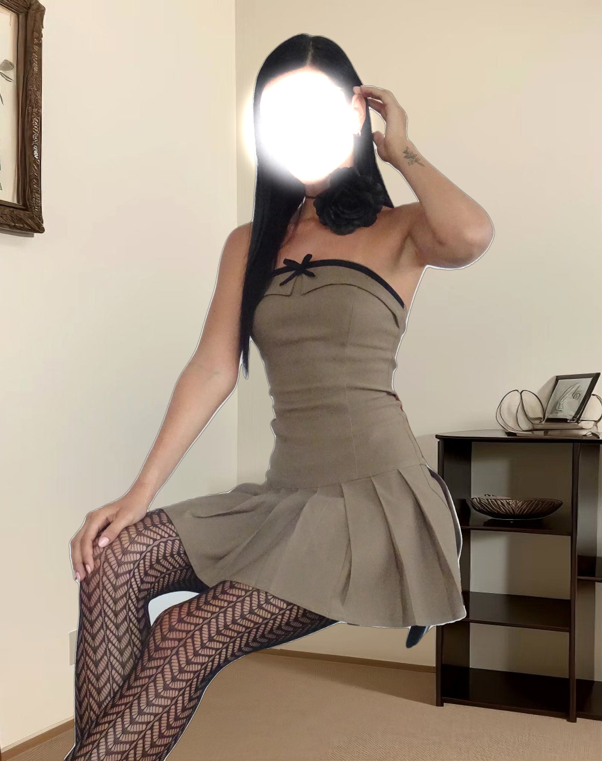 Yalua Bandeau Mini Dress in Coco with Black Bow