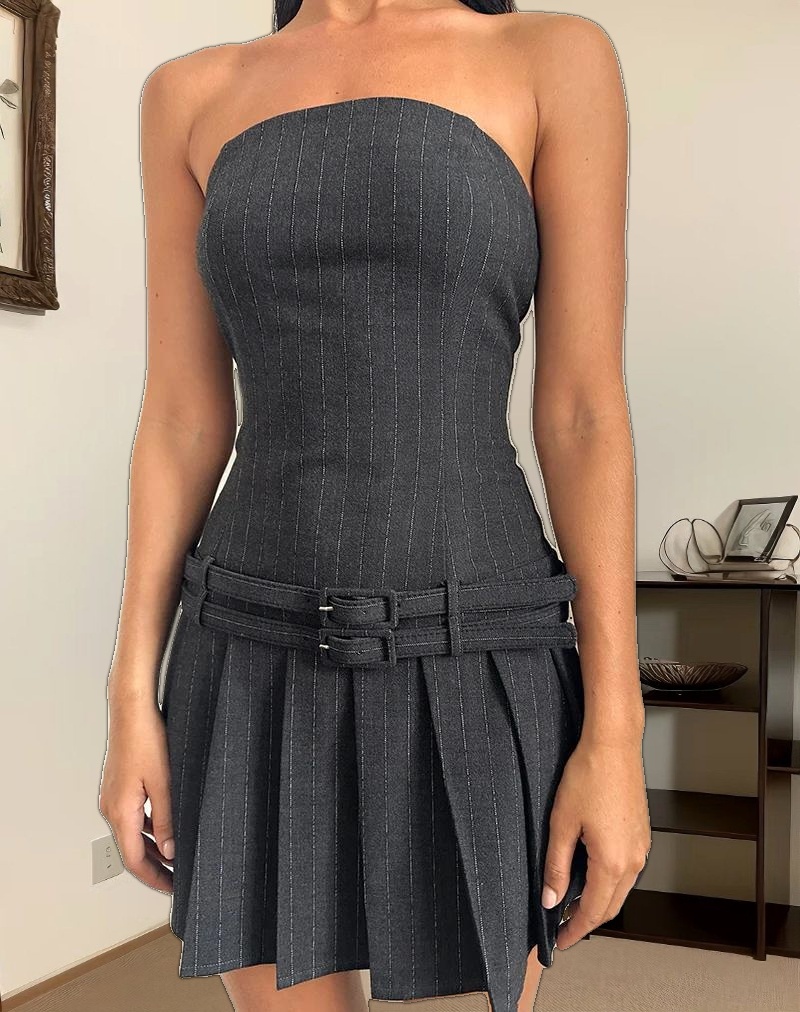 Haika Double Belt Mini Dress in Charcoal with White Stripe