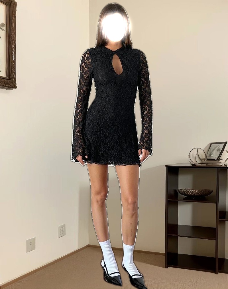 Silvanna Keyhole Mini Dress in Lace Black