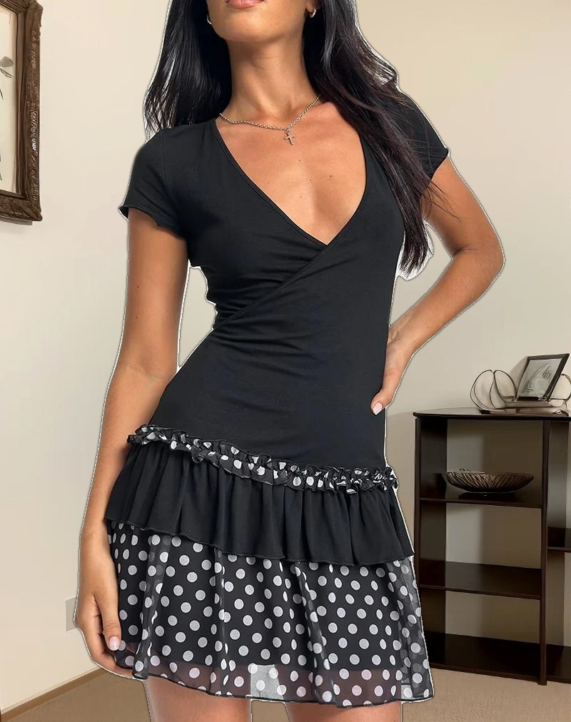 Navya Wrap Mini Dress in Basic Polka Black