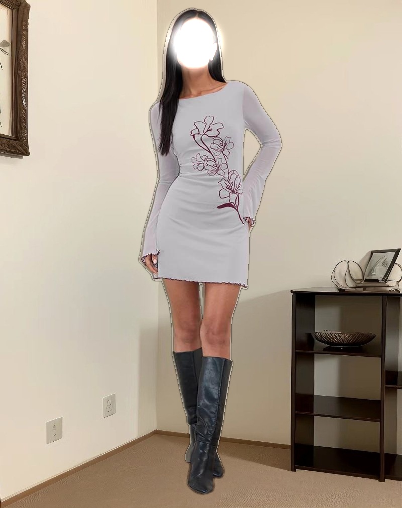 Satoli Mini Dress in Mono Flower Flock Pale Grey