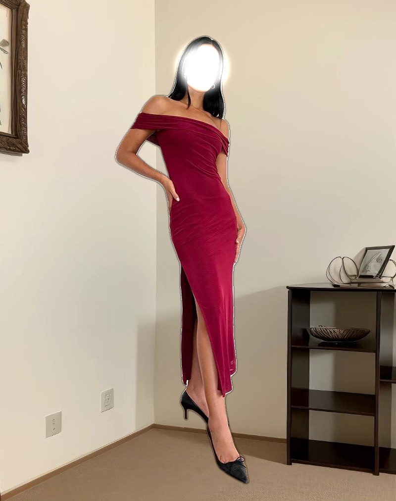 Tarna Bardot Maxi Dress in Mesh Burgundy