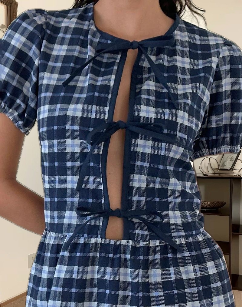 Byan Tie Front Dress in Tartan Dark Blue