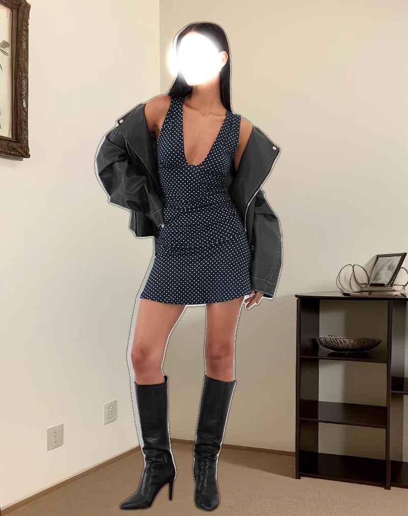 Luscian Plunge Mini Dress in Micro Polka Navy