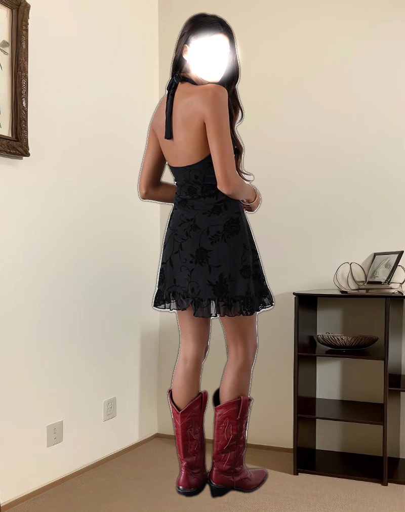 Motya Halterneck Mini Dress in Floral Rose Flocked Black