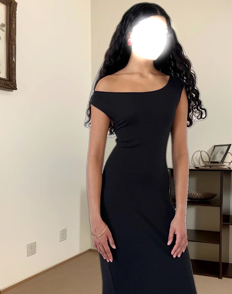 Ardita Asymmetrical Rib Knit Maxi Dress in Black