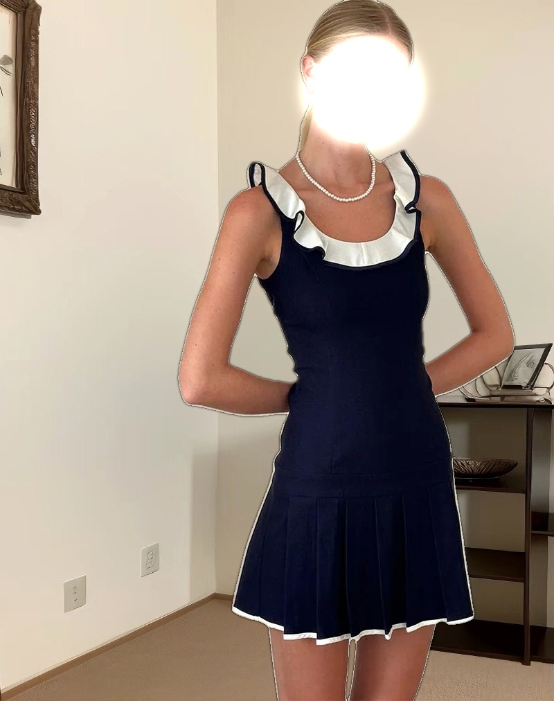 Busari Frill Neck Mini Dress in Navy