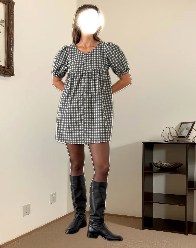 Cybera Mini Dress in Tonal Gingham Black and Grey