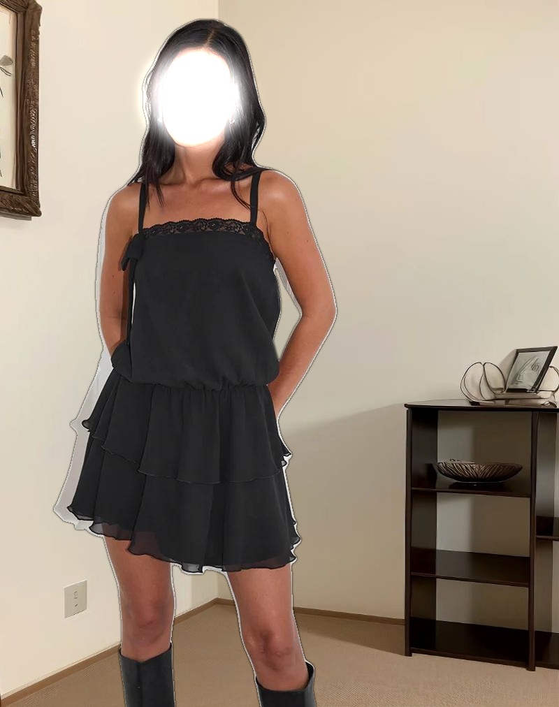 Wasinah Mini Dress in Black Chiffon with Lace Trim