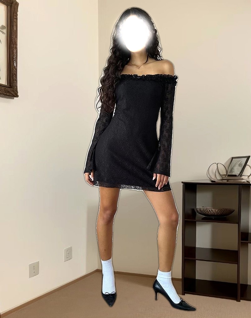 Severine Bardot Mini Dress Lace Black