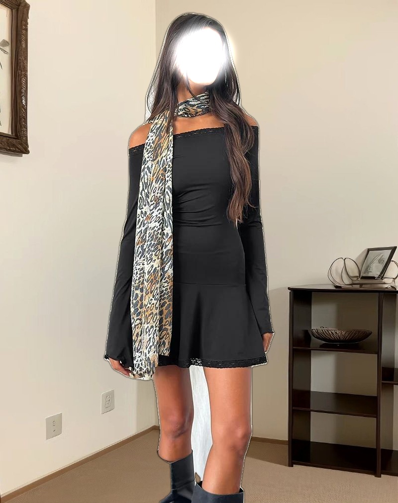 Elwyn Bardot Mini Dress in Slinky Black