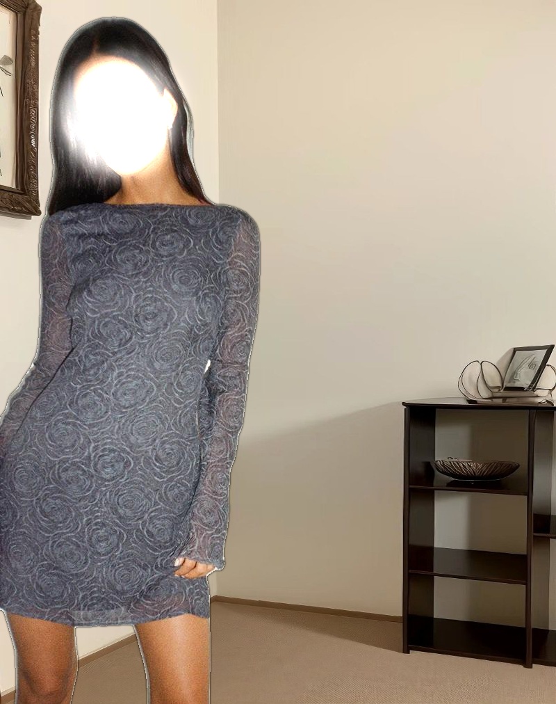 Sava Open Back Long Sleeve Mini Dress in Black Floral Chiffon