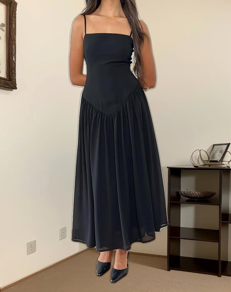 Paduri Drop Waist Midi Dress in Chiffon Black