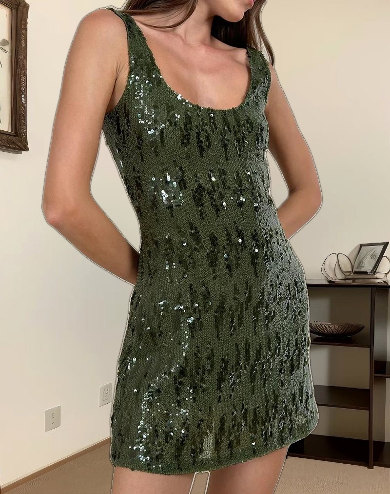 Lalaurie Scoop Neck Mini Dress in Mixed Drape Sequin Khaki