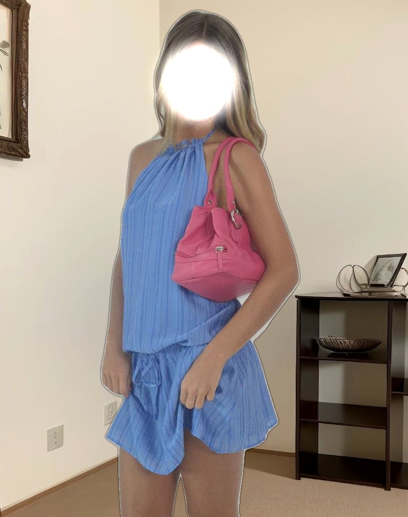 Veloria Halterneck Mini Dress in Blue Chiffon Painted Stripe