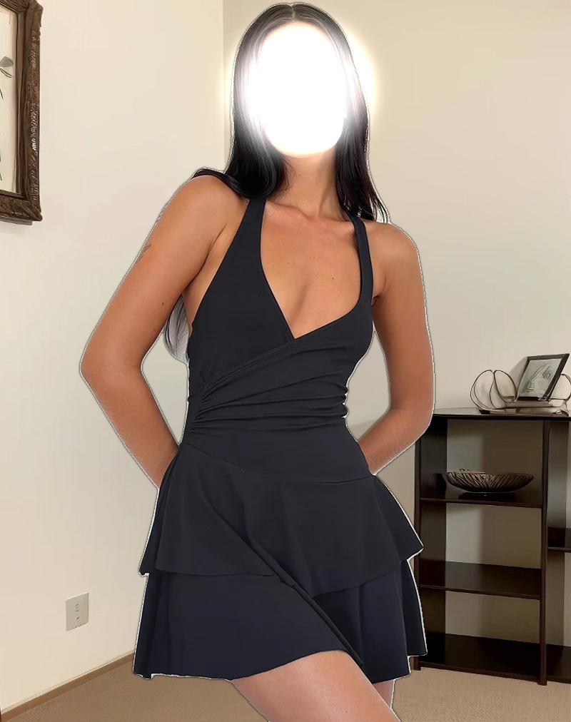 Semary Plunge Wrap Mini Dress in Black