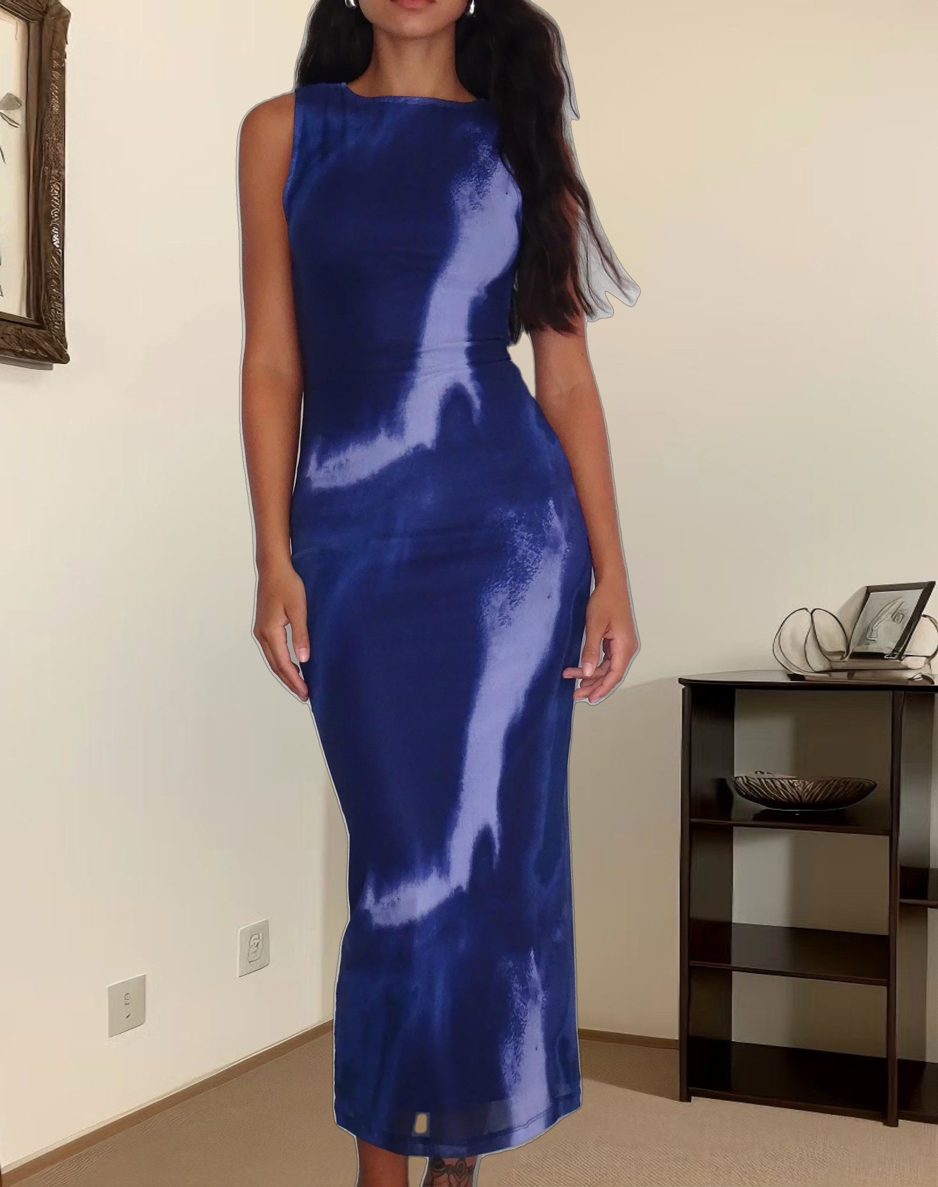 Fayola Printed Maxi Dress in Watercolour Navy