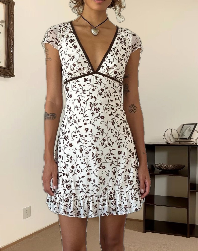 Melva Mini Dress in Brown Stem Flower Flock