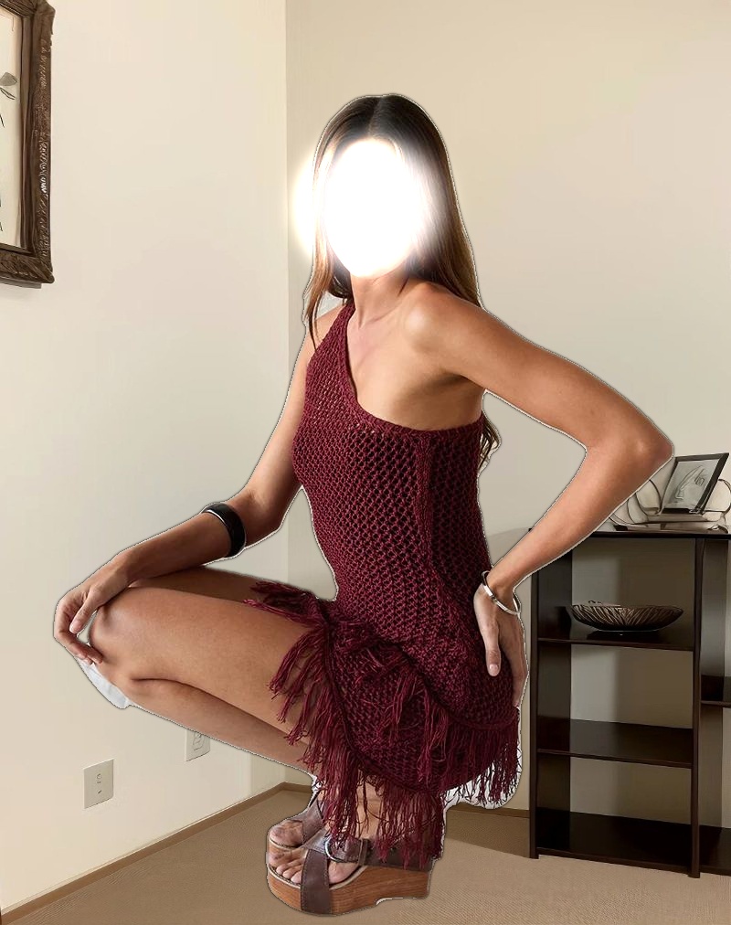 Meloka Asymmetric Fringe Mini Dress in Berry