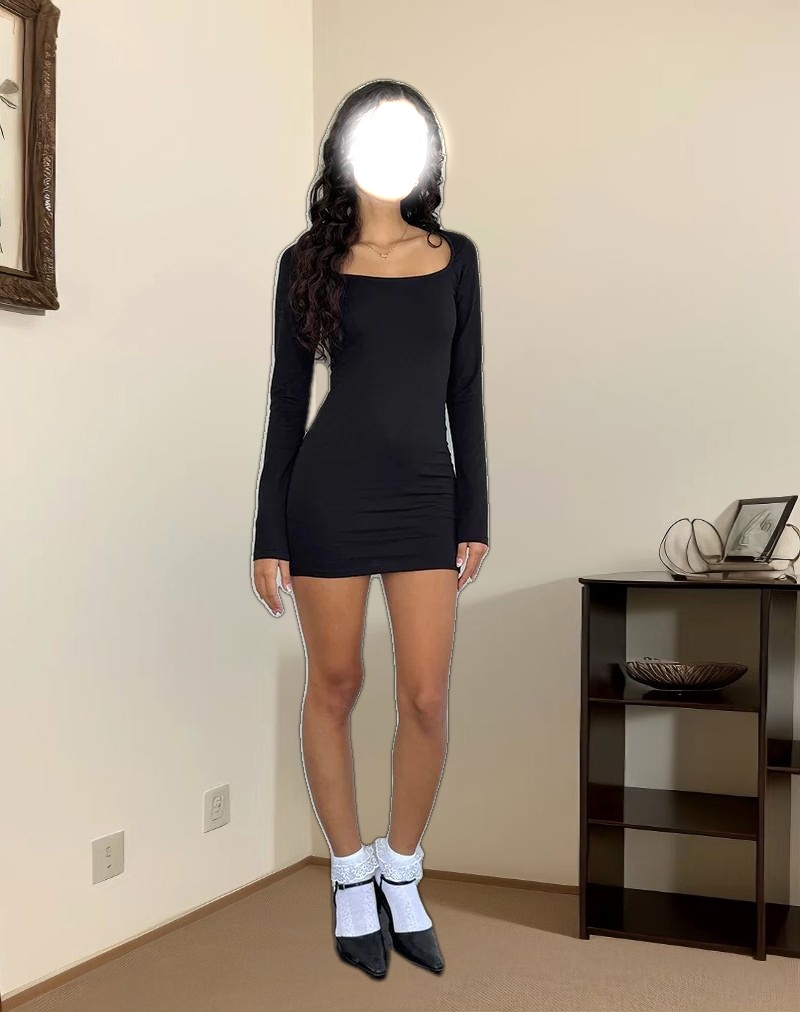 Janjisu Long Sleeve Lycra Bodycon Mini Dress in Black