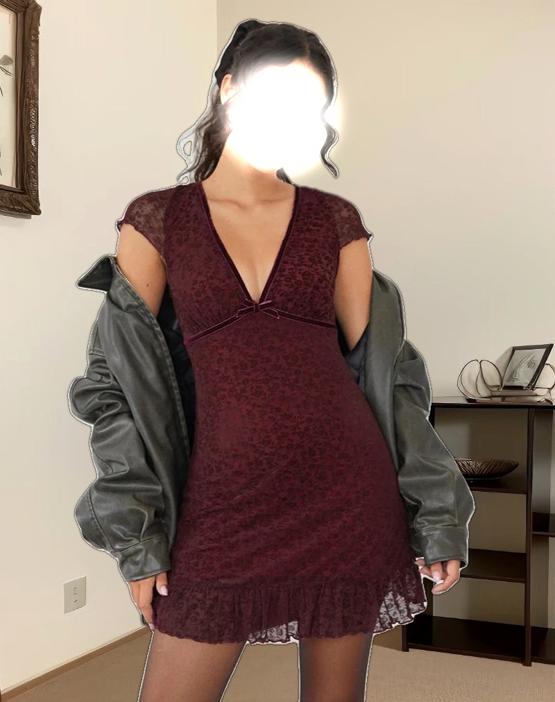 Melva Mini Dress in Ditsy Flock Burnt Maroon