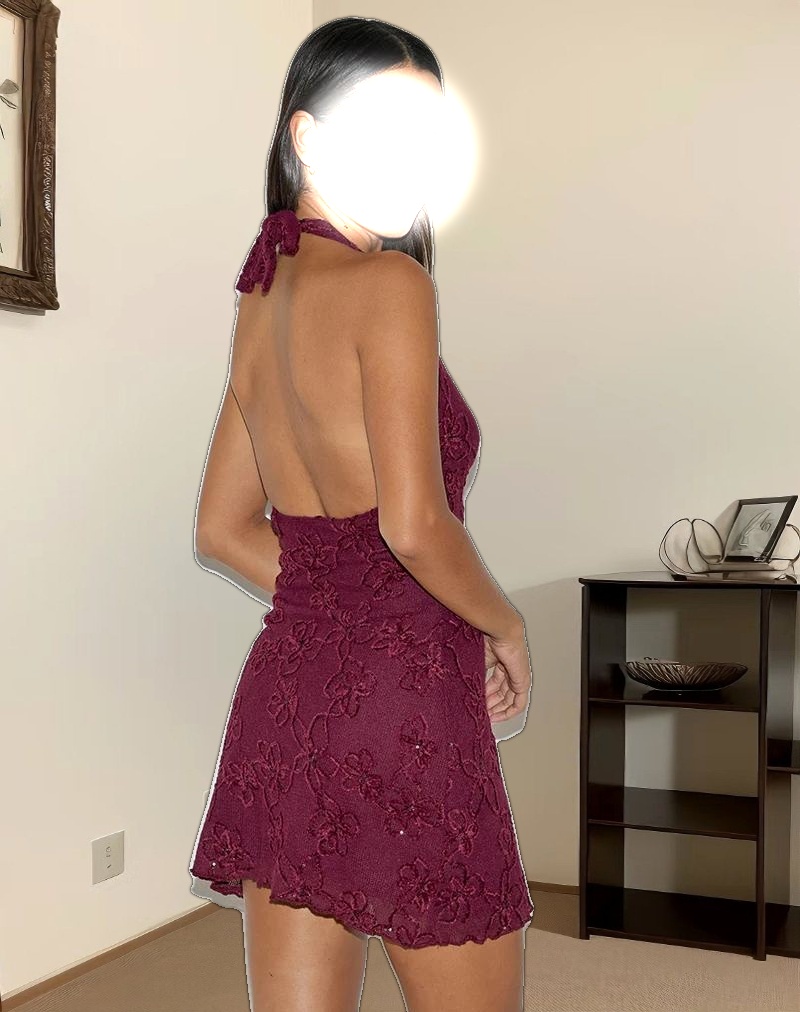 Codami Halterneck Mini Dress in Sequin Knit Burgundy