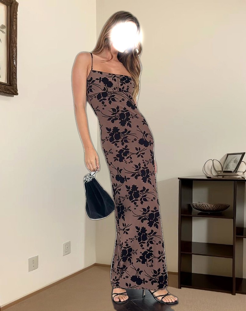 Darsih Cami Maxi Dress in Floral Flock Brown