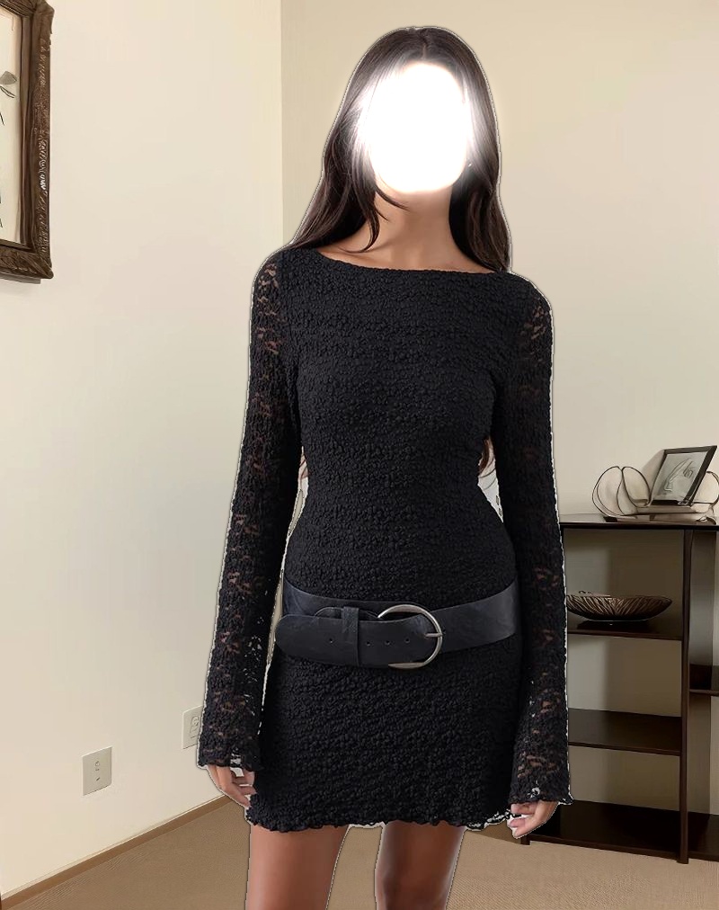 Sevila Long Sleeve Mini Dress in Bubble Black Lace