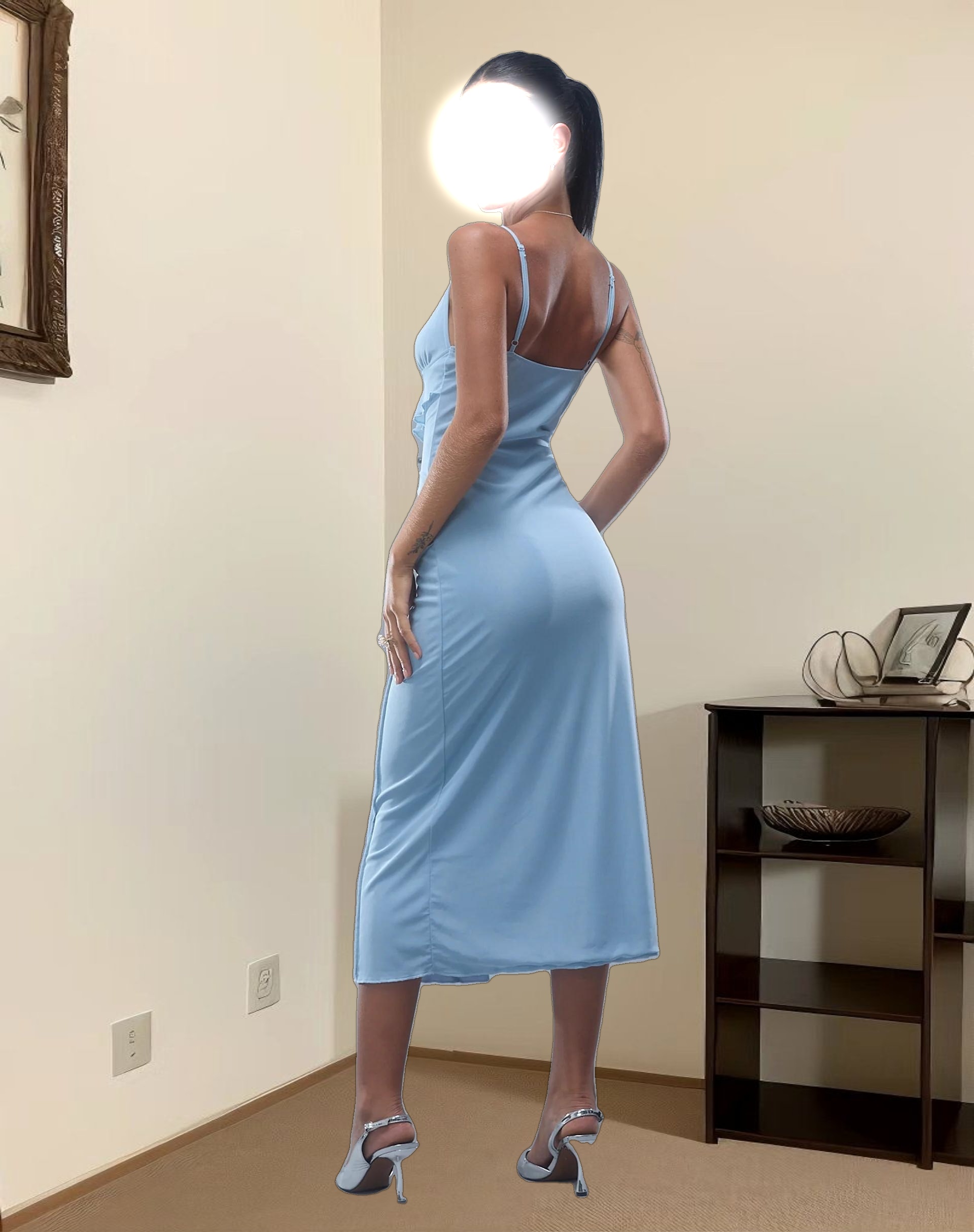 Jacy Ruffle Midi Dress in Mesh Blue