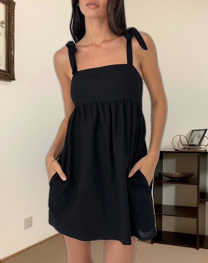 Kayla Square Neck Mini Dress in Linen Black