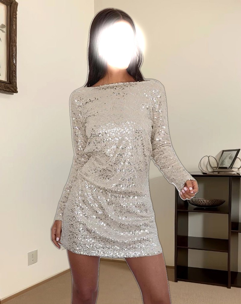 Jasilia Long Sleeve Mini Dress in Neutral Sequin