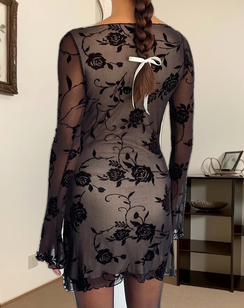 Sevila Long Sleeve Mini Dress in Black Rose Flock