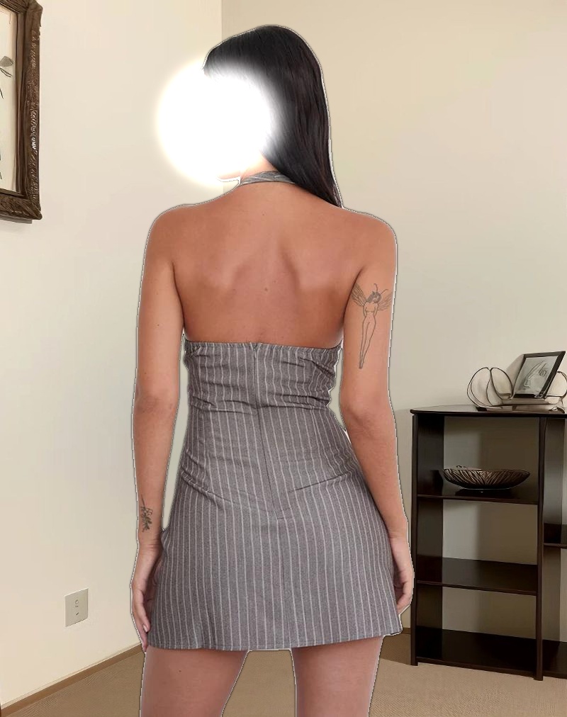 Vellura Halterneck Mini Dress in Taupe Pinstripe